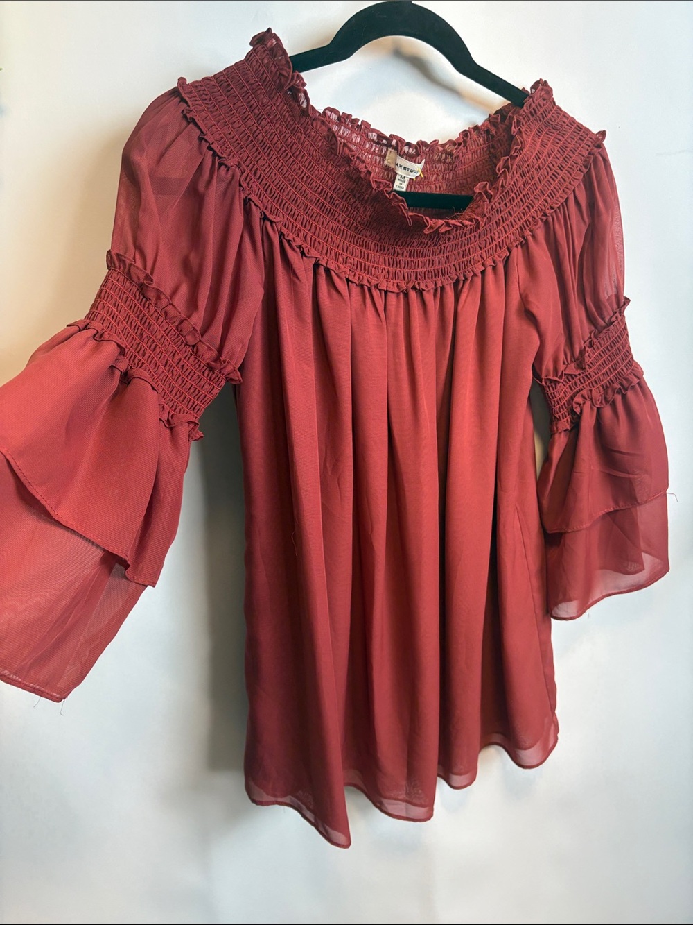 Max Studio Smocked Off-Shoulder Blouse in Deep Rust